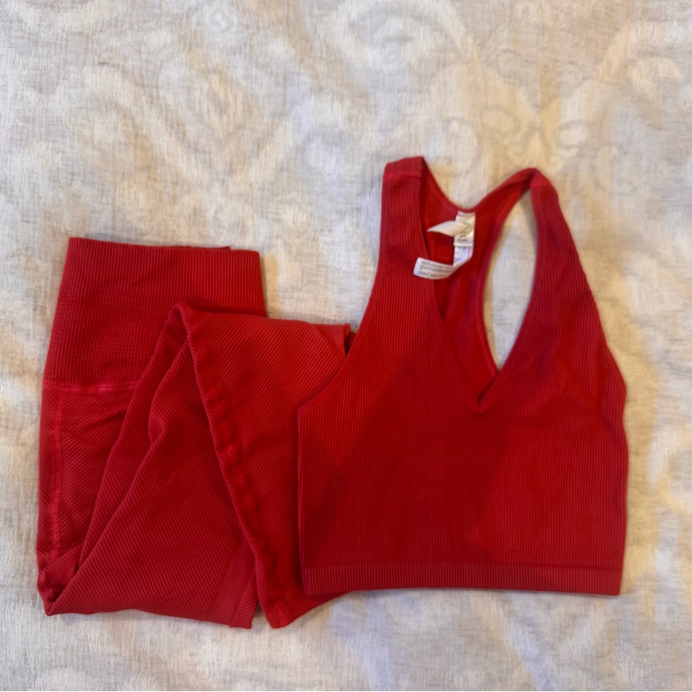 Free People Red Ribbed Active Set - Sports Bra & Leggings